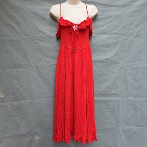 R. Vivimos Size L Bright Red Sun Dress Smocked Adjustable Straps Long Ruffled